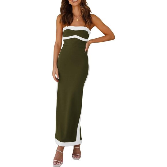 Womens Greeen Strapless Back Slit Cocktail Party Tube Maxi Dress - Picture 1 of 9